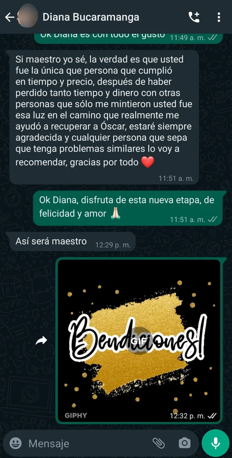 Captura de WhatsApp de Diana, de Bucaramanga, agradeciendo por el acompañamiento recibido