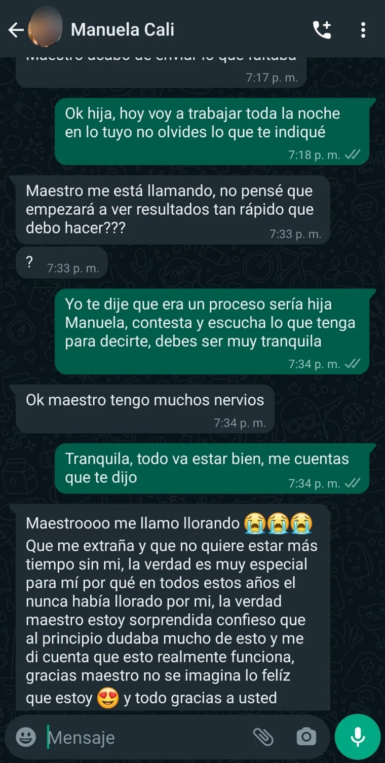 Captura de WhatsApp de Manuela, de Cali, contando cómo avanzó su proceso